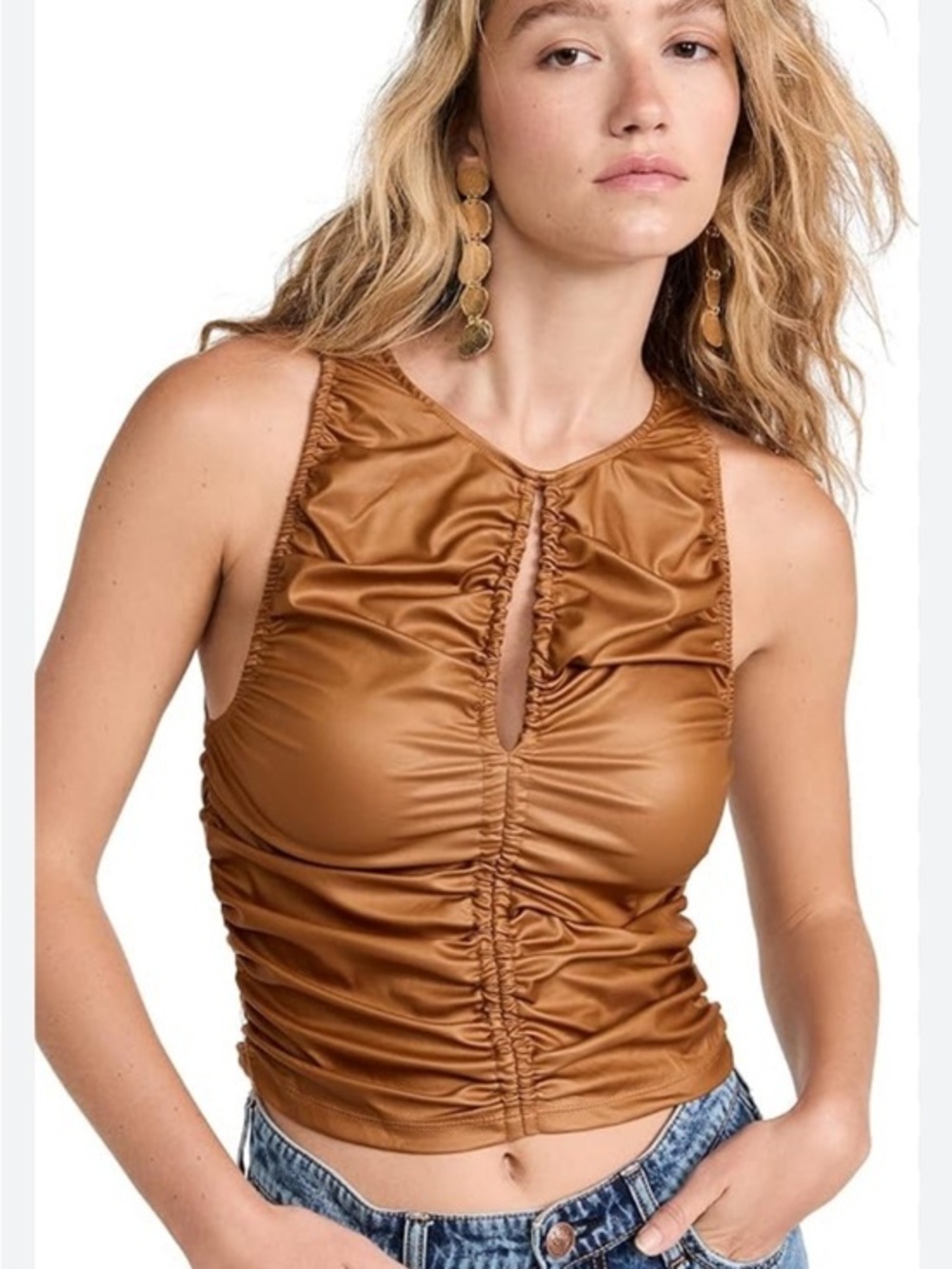 NWT Free People Ride Along Sleeveless Ruched Leather Look Tank Top w/ Keyhole